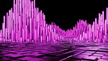 Poster - Abstract Purple Crystalline Cityscape on Tiled Plane in Futuristic Landscape with Geometric and Reflective Textures and