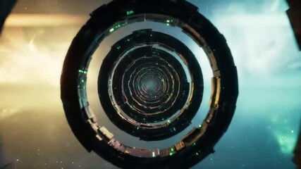 Poster - Abstract Tunnel with Dark Rings Glowing Green on a Blue and White Nebula Background Ideal for Sci-Fi Videos and Digital