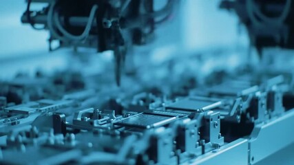Poster - Automated Robotic Arm Assembling Microchips on Circuit Board with Teal Lighting in Cleanroom Environment