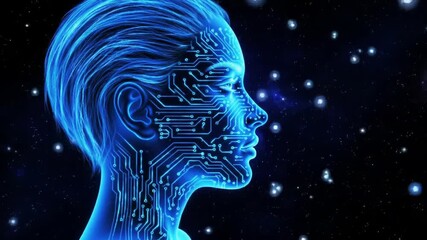 Poster - Blue Circuit Head Profile on Starry Background Technology Concept Art