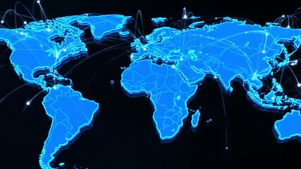 Poster - Blue Illuminated World Map on Black Background Highlighting Global Interconnected Networks and Digital Communication