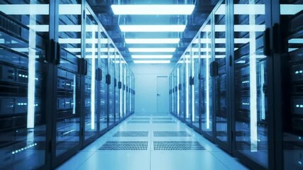 Poster - Bright Blue Server Room with Rows of Data Racks and Equipment for Cybersecurity in a Modern Data Center with Clean