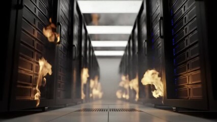 Poster - Burning Server Room With Dense Black Server Racks Engulfed In Fire and Smoke Creating Equipment Malfunction in Data
