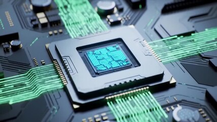 Poster - Central Processing Unit on Circuit Board with Glowing Green Connections Technology High Tech Digital System Microchip