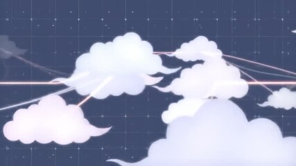 Poster - Cartoon White Clouds Floating in Blue Sky Connected by Glowing Lines With White Stars and Grid Design for Animated