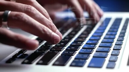 Poster - Close Up Hands Typing on White Laptop Keyboard with Blue Illuminated Keys and Code Overlay on Dark Background