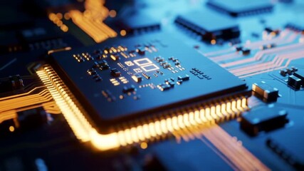 Poster - Close Up Of A Blue Computer Processor with Orange Connecting Lines In A Dark Ambient for High Tech Backgrounds