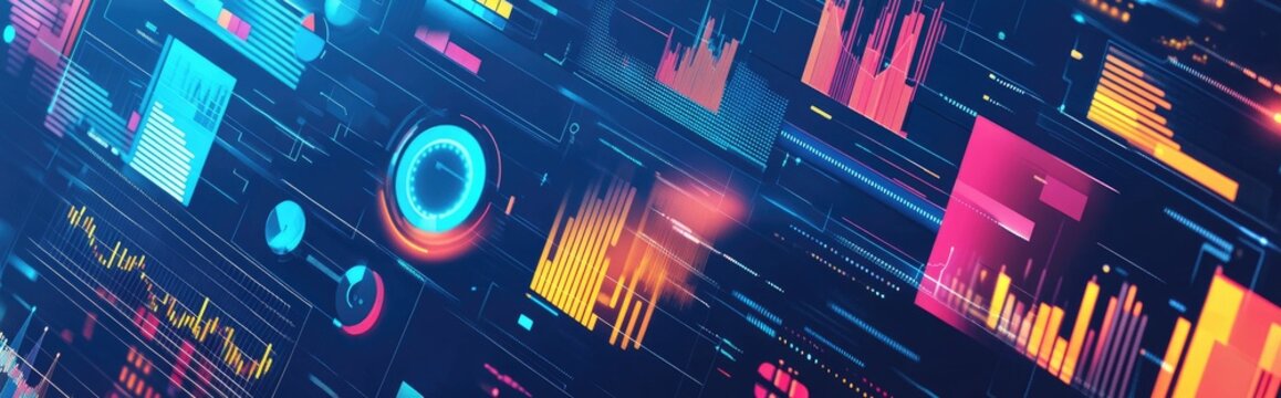 Vibrant vector graphics showcasing various types of data visualizations, charts, and graphs in an illustrative style on a dark background with gradients.