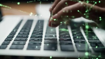 Poster - Close Up of Hands Typing on Laptop Keyboard with Green Network Graphics on Wooden Desk