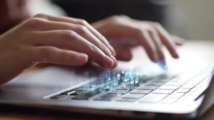 Poster - Close Up of Hands Typing on Silver Laptop Keyboard with Blue Digital Light Effects in Blurred Background