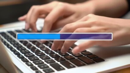 Poster - Close Up of Hands Typing on Laptop Keyboard with Blue Progress Bar Displayed Over Shoulder Shot For Developer