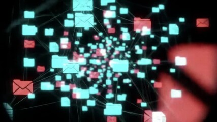 Poster - Complex Network Visualization with Blue and Red Data Icons on Black Background Represents Digital Connectivity and