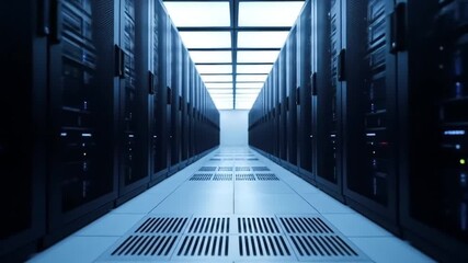 Poster - Cool Lit Data Center With Black Servers and White Tiled Floor With Grid Ceiling For Cloud Computing and Cyber Security