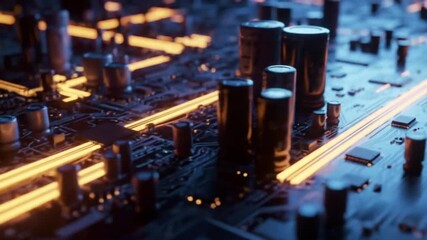 Poster - Detailed Blue Circuit Board with Glowing Orange Lines Emphasizing Technology and Connectivity Featuring Microchips
