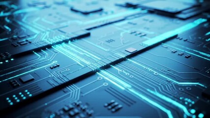 Poster - Detailed Circuit Board with Glowing Blue Pathways High Tech Innovation and Connectivity
