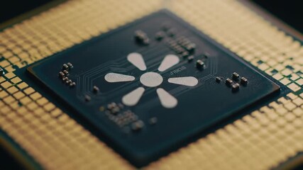 Poster - Detailed Macro Shot of Blue Microchip with White Circuitry and Golden CPU Electronics