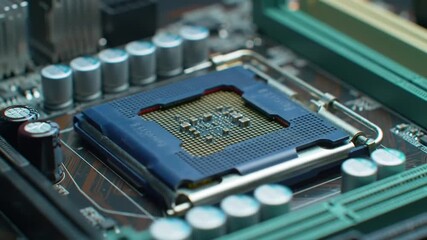 Poster - Detailed Macro Shot of a Motherboard CPU Socket Featuring Pins Capacitors and Circuits Under Soft Lighting