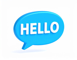 Fototapete - A vibrant 3d render of a blue speech bubble with the word hello in bold white letters, set against a clean white backdrop.