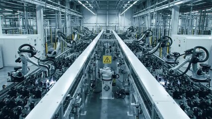 Poster - Extensive Blue Toned Factory Floor with Conveyor Belt Robotic Arms and Automated Systems Industrial Panorama