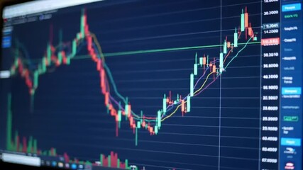 Poster - Financial Stock Market Data Analysis Chart on Blue Computer Screen Displaying Rising and Falling Trends in Dark