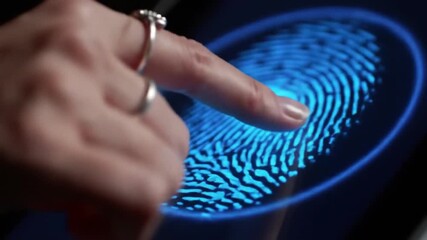 Poster - Finger Touches Blue Biometric Fingerprint Scan Displayed on Black Tablet For Digital Identity and Security