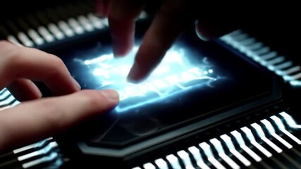 Poster - Fingers Pressing Glowing Blue Text on Black Computer Chip Surface in Digital Style