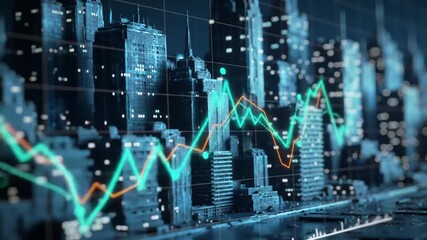 Poster - Financial Chart Overlaying a Dark Blue Cityscape Representing Data Analysis and Investment in a Futuristic Style