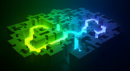 Aufkleber - Abstract 3D Render of a City with Glowing Paths and Neon Colors