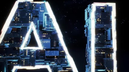 Poster - Futuristic Text Graphic Circuit Board Block Letters in a Night Scene Electronic Tech Innovation With Computer Machine