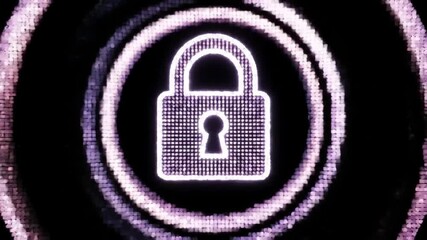 Poster - Glow Digital Lock with Concentric Purple Rings on Black Backdrop for Cyber Security