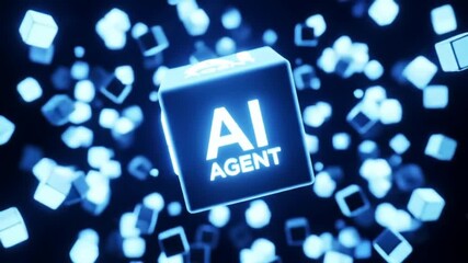 Poster - Glowing Blue 3D Cubes with Ai Agent Display on a Dark Backdrop Digital Animation and Futuristic Technology Concept