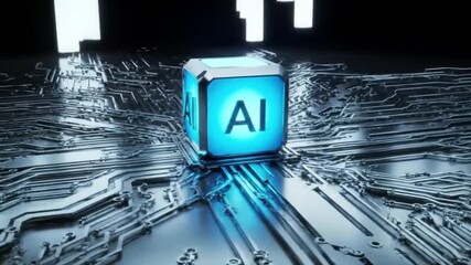 Poster - Glowing Blue Ai Cube on Silver Circuit Board Artificial Intelligence Concept