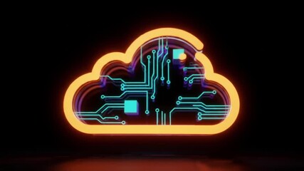Poster - Glowing Orange Cloud Circuit Board Design Teal Lines on Dark Background Reflective Surface for Technology Concept