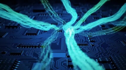 Poster - Glowing Turquoise Energy Streams Flowing Across A Blue Circuit Board For Technology And Connectivity Concept