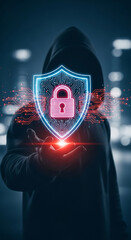 Poster - Anonymous person holding a glowing cyber security shield with lock symbol technology concept
