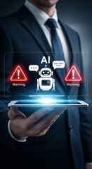 Poster - Businessman holding tablet with ai robot and warning symbols representing technological risks