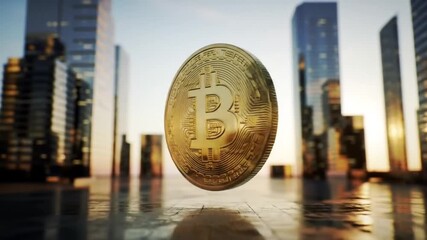 Poster - Golden Coin Levitation against Urban Skyscrapers Reflecting Modern Financial Investment and Digital Currency Growth