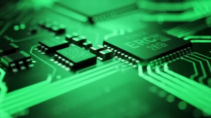 Poster - Green Computer Circuit Board with Intricate Integrated Circuits and Soft Glowing Pathways
