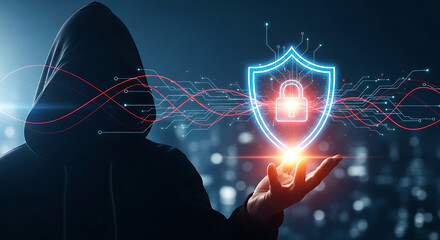 Poster - Cyber security concept hacker protecting digital data with shield and lock icon