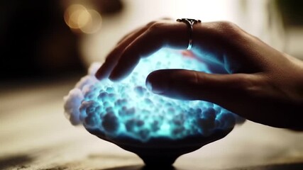 Poster - Hand Resting on Glowing Blue Bubble Orb Ring on Finger Dark Soft Background
