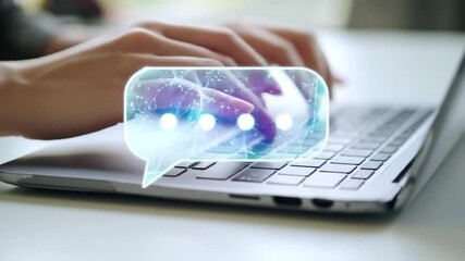 Poster - Hands Typing on Gray Laptop with Chat Bubble Graphic on a White Table for Digital Communication