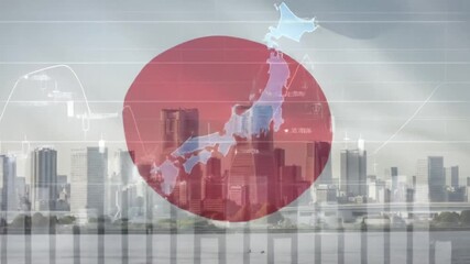 Poster - Japanese Flag Overlaying City Skyline with Financial Graphs In Abstract Style