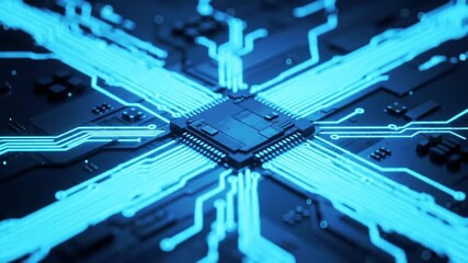 Poster - Macro Detailed Glowing Blue Circuit Board Technology with Central Processor Unit Design