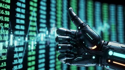 Poster - Metallic Robotic Arm Gives Thumbs Up Before Stock Chart Displaying Financial Data in Green And Black Background