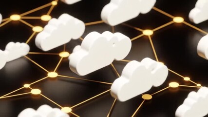 Poster - Network of White Clouds Connected by Gold Lines on a Dark Background for Cloud Computing Data Connectivity
