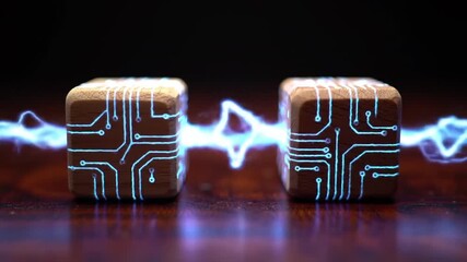 Poster - Pair of Wooden Cubes with Intricate Glowing Circuit Patterns and Electrical Arcs on Dark Wooden Surface with Futuristic