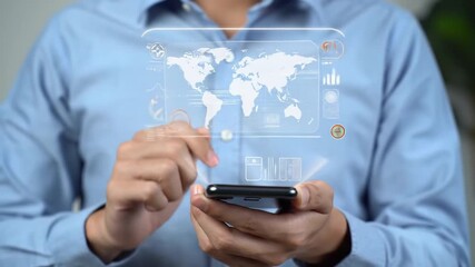 Poster - Person Using Phone with Transparent Screen Displaying Map and Data in a Blue Shirt