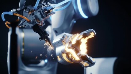 Poster - Robotic Arm Holding Glowing Material in Dark Industrial Environment With Precision Engineering and Automation