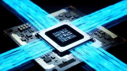 Poster - Silver and Black Computer Processor with Intricate Circuits on Dark Background Emitting Blue Energy Lines Represents