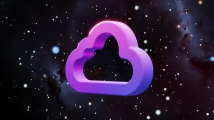 Poster - Stylized 3D Cloud Icon with Gradient Purple and Blue on Dark Smoky Background with Bokeh Dots
